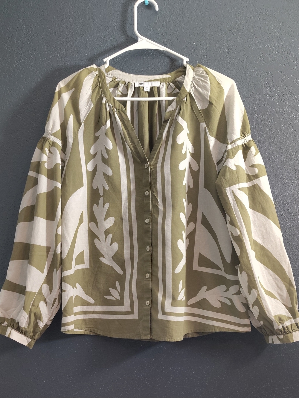 DR2 Olive and White cotton Boho Light Weight Button-Front Peasant Blouse - Picture 1 of 7